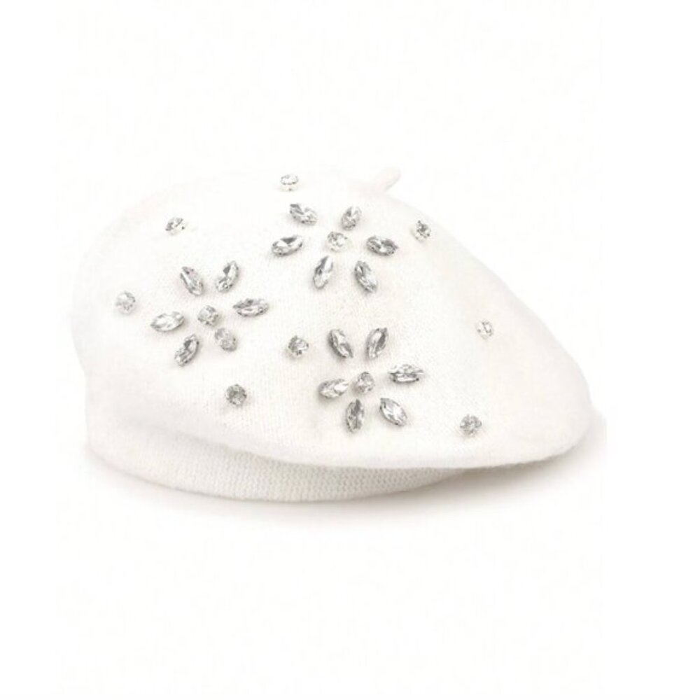Wool Blend Rhinestone Flower Knitted Beret Cap White